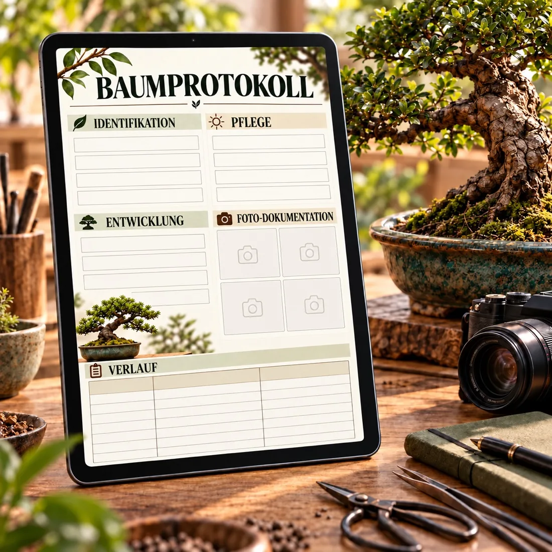 Deutsches Baumprotokoll neben einem Bonsai