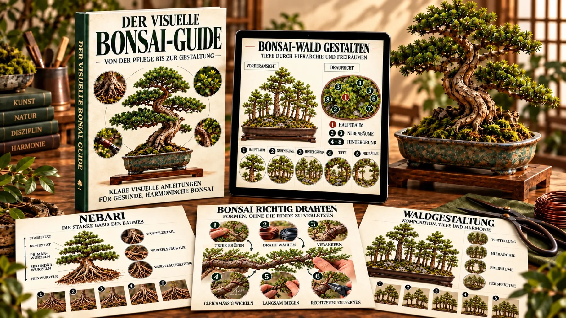 Der visuelle Bonsai-Guide als Buch und auf dem Tablet neben einem Bonsai