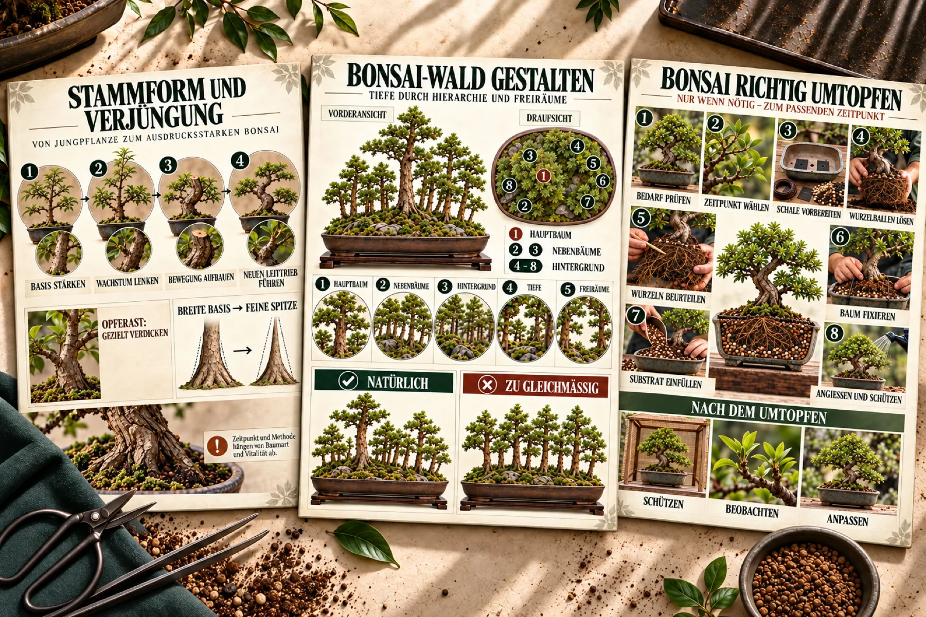 Deutsche Bildkarten zu Stammform, Bonsai-Wald und Umtopfen