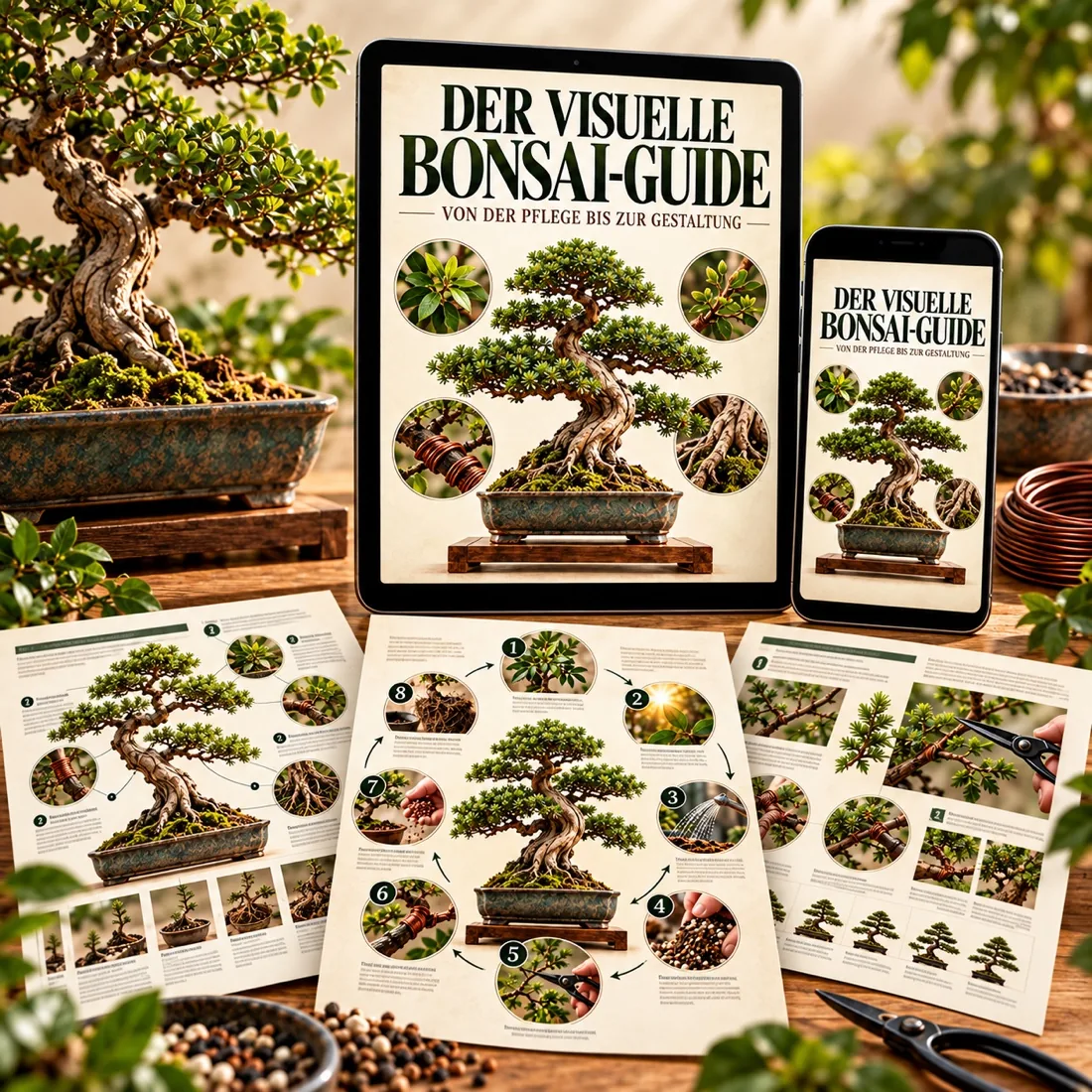 Der visuelle Bonsai-Guide auf Tablet und Handy mit ausgedruckten Bildkarten