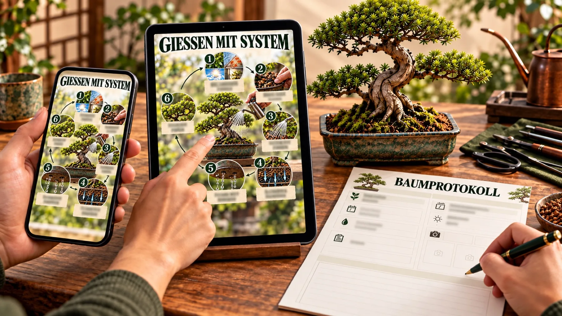 Den Guide auf Handy und Tablet öffnen, die Bildkarte neben dem Bonsai nutzen und die Arbeit im Baumprotokoll festhalten