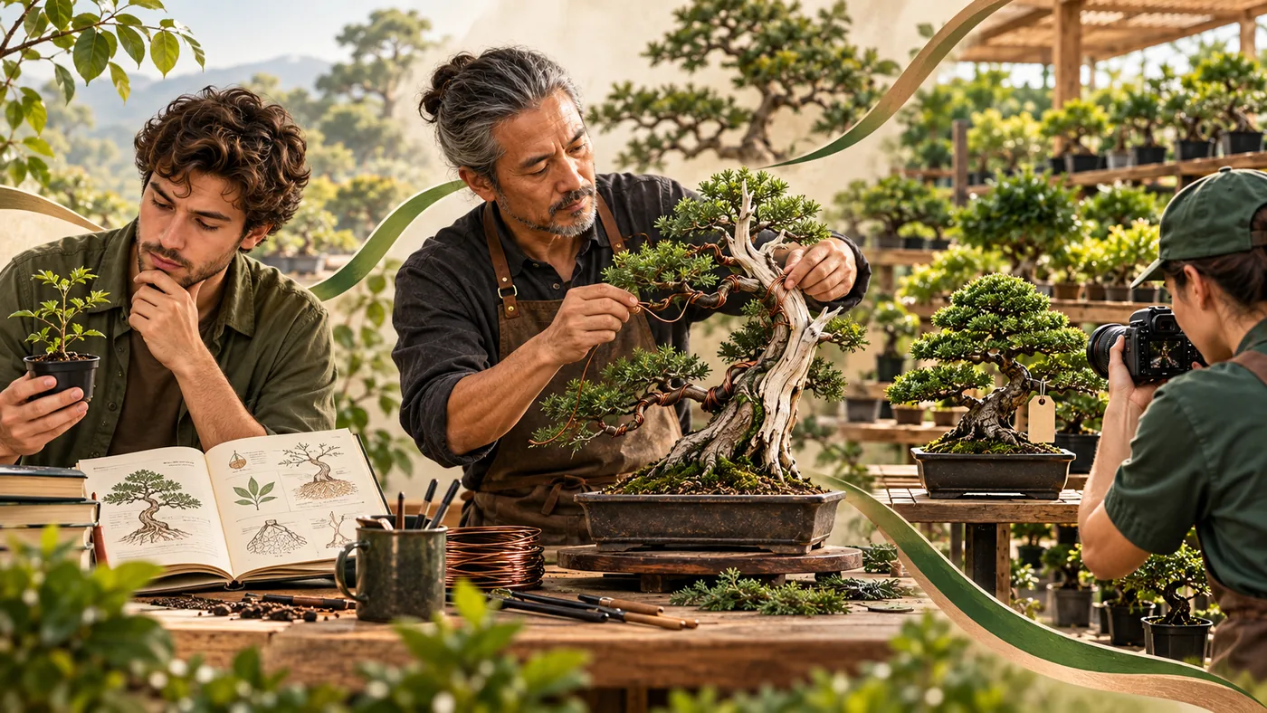 Einsteiger betrachtet eine Jungpflanze, erfahrener Gestalter drahtet einen Bonsai, Verkäuferin fotografiert einen Baum